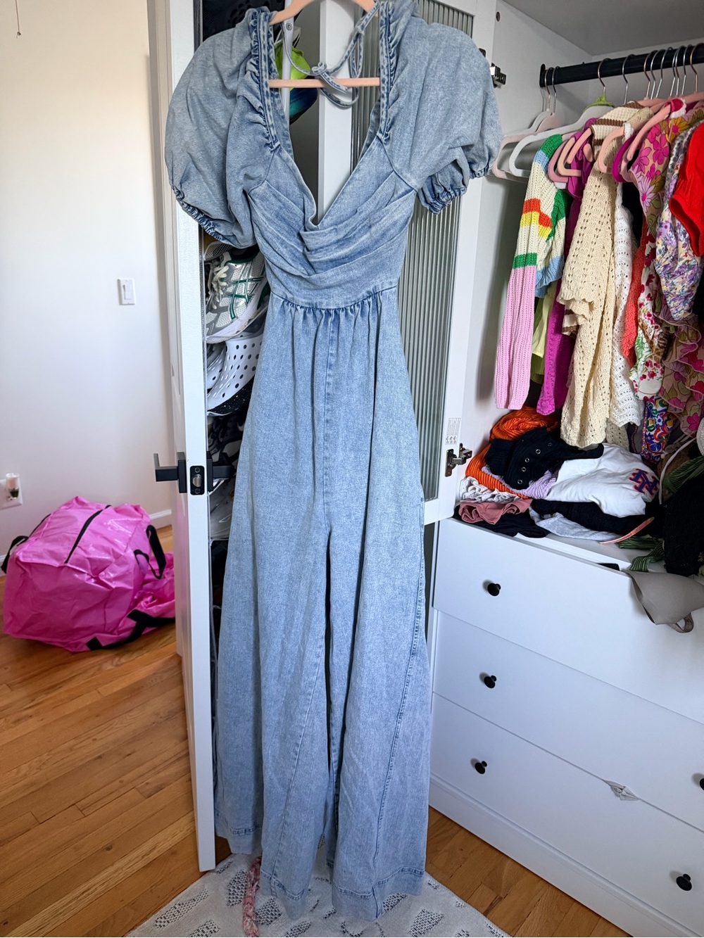 Light Blue Puff-Sleeve Denim Jumpsuit